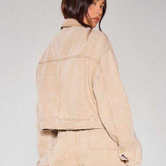 Khaki Casual Women's Collared Pocket Detail Belted Longline Cropped Denim Jacket - Picture 3 of 5